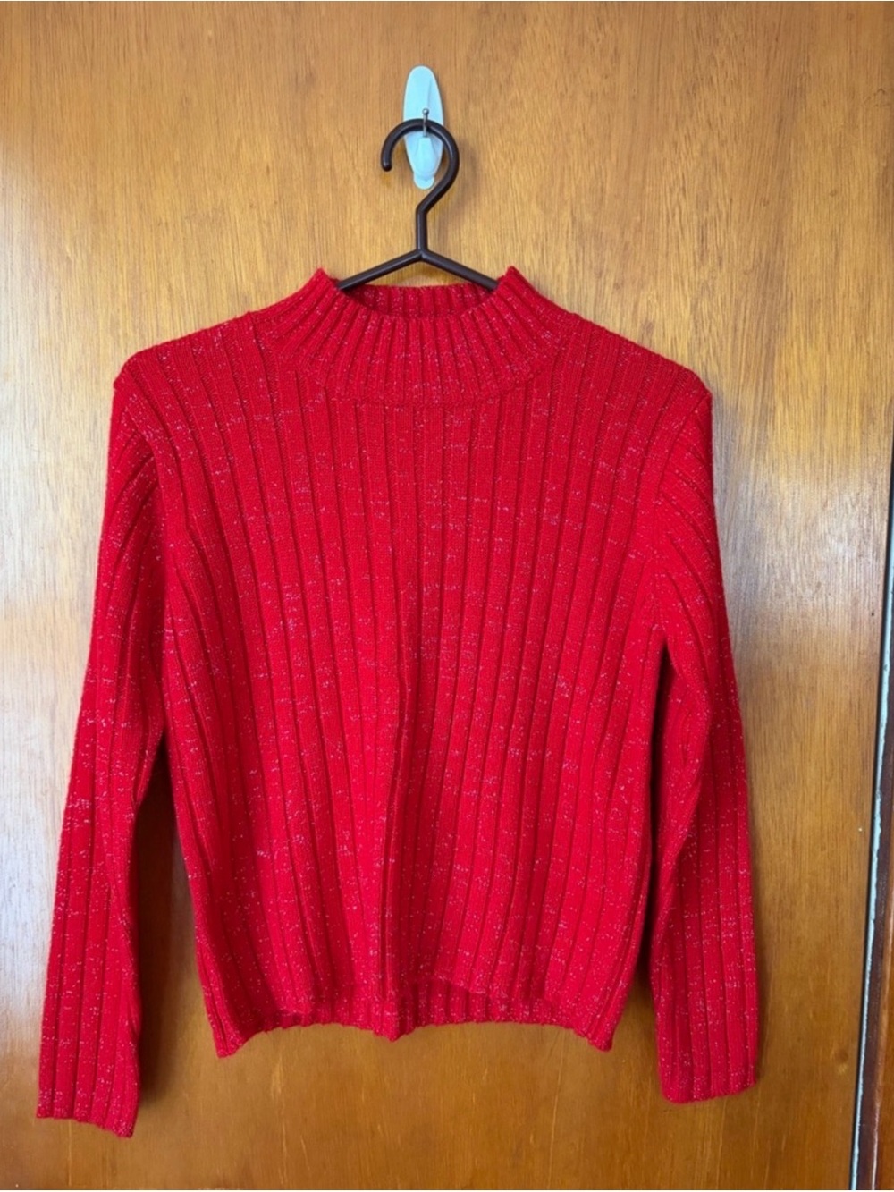 Red Sparkle Ribbed Mock-Neck Juniors Sweater